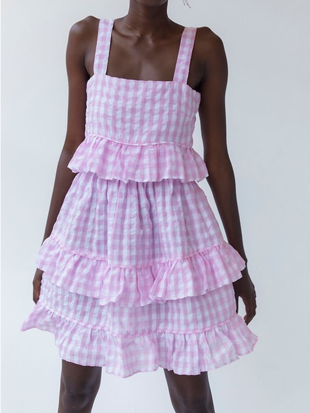 Tach Clothing Amaral Pink Gingham Linen Blend Tiered Ruffle Mini Dress | small